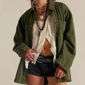 We The Free Free People Madison Twil City Denim Jacket  Women Sz M Cotton Green